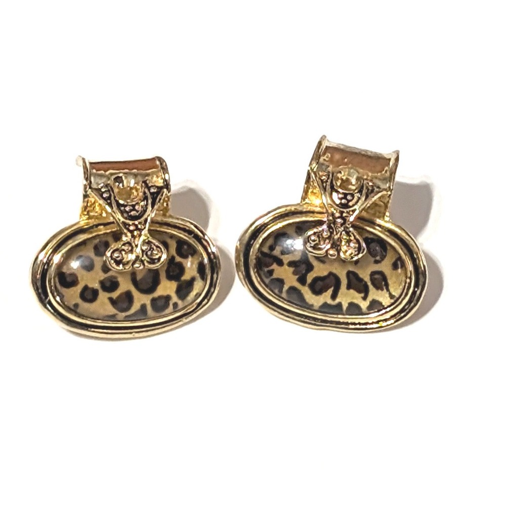 Vintage Pierced Earrings Gold  Tone Leopard Print Lucite Oval Animal 90s